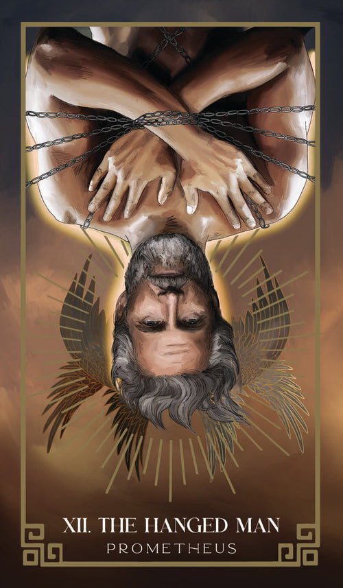 Tarot card featuring 'The Hanged Man' from Prometheus with a person hanging upside down.