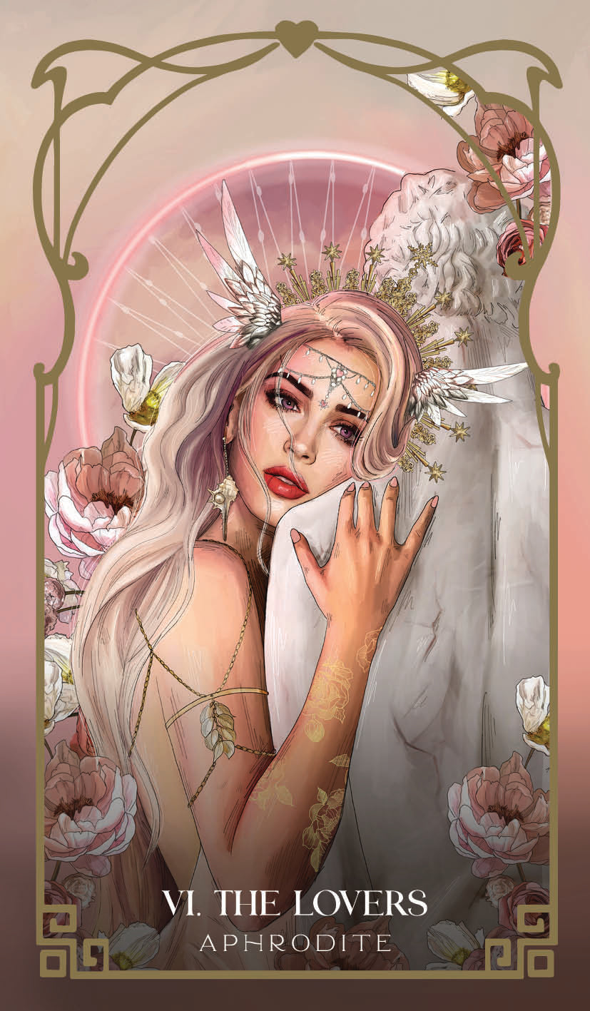 Illustration of a woman with floral elements and text 'VI. The Lovers' and 'Aphrodite' on a pink background.