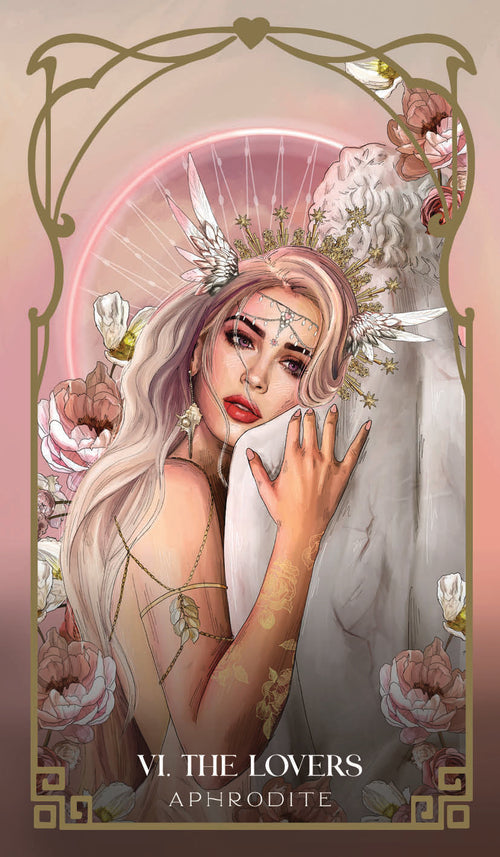Illustration of a woman with floral elements and text 'VI. The Lovers' and 'Aphrodite' on a pink background.