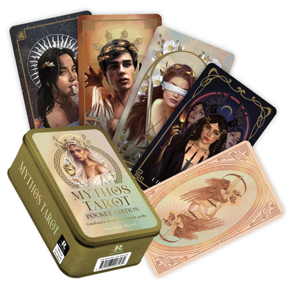 Mythos Tarot cards with a green tin box on a white background