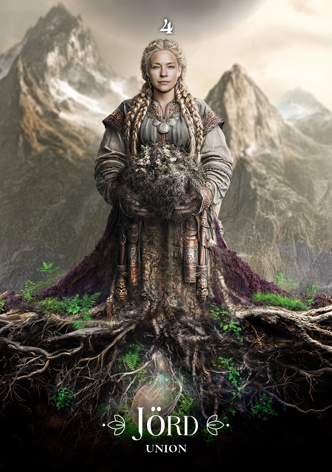 Character from 'Jörd' with a mountainous background and roots.