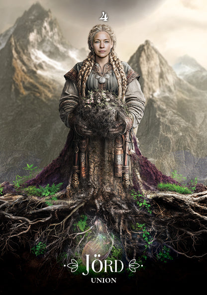 Character from 'Jörd' with a mountainous background and roots.