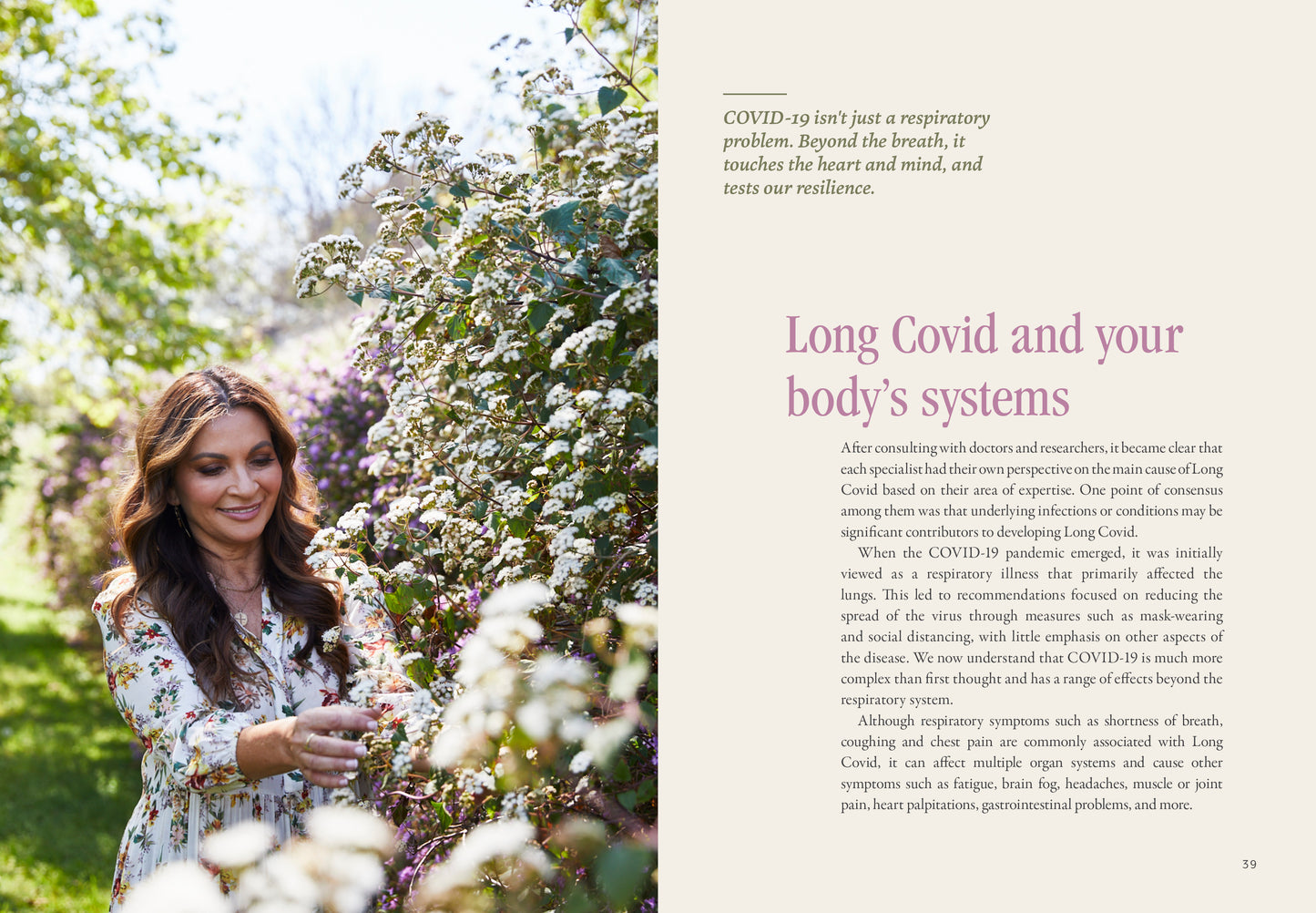 Woman in a garden with text about Long Covid and its impact on body systems