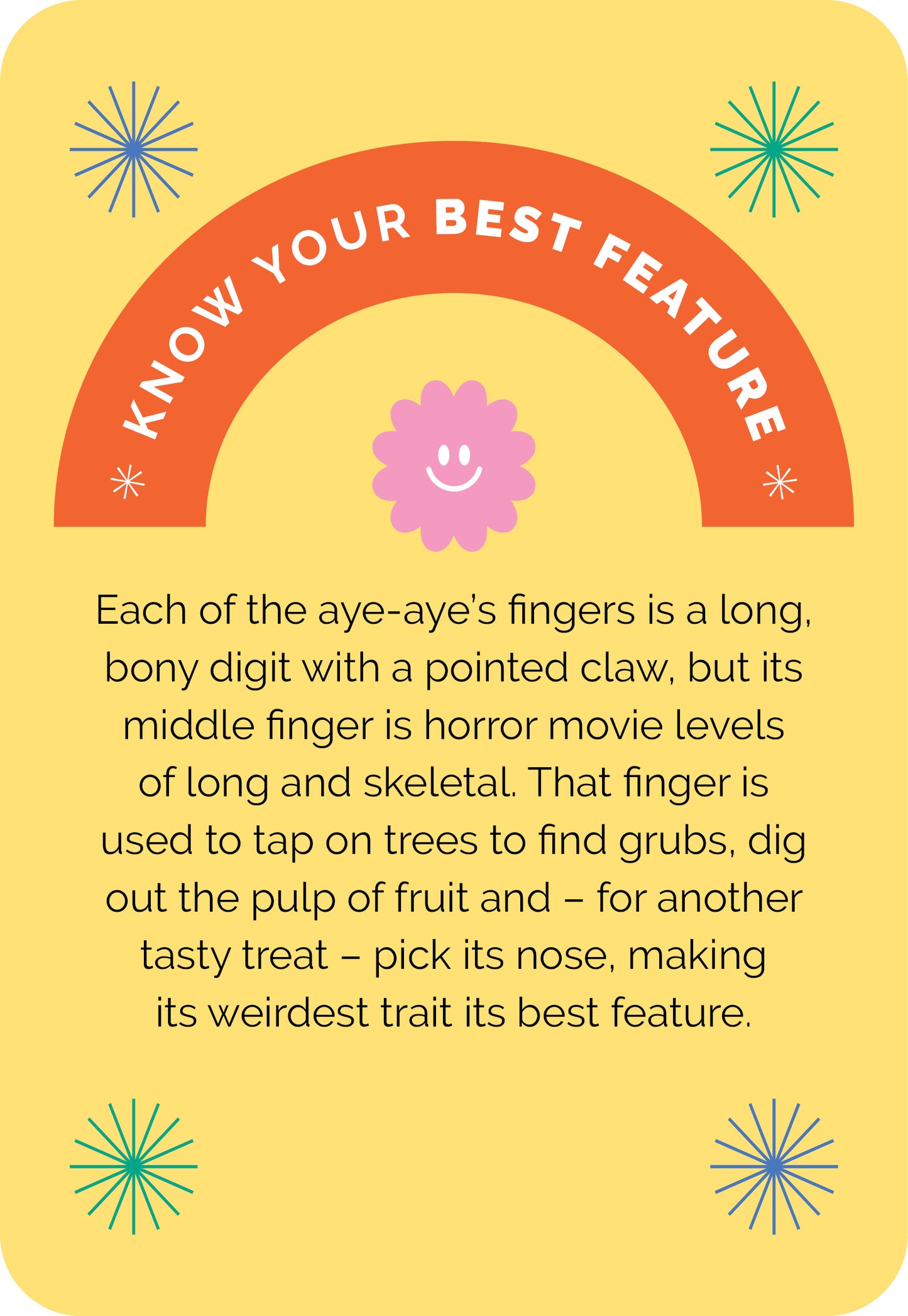 Educational card about aye-aye's middle finger on a yellow background with text and graphics.