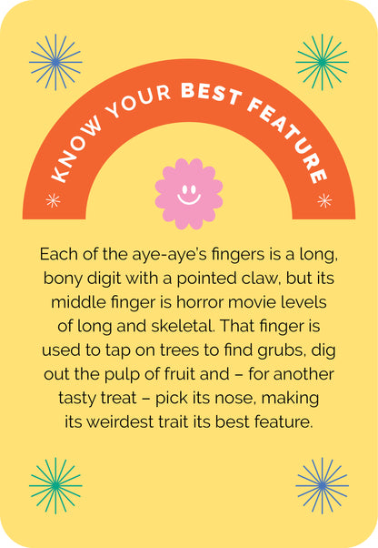 Educational card about aye-aye's middle finger on a yellow background with text and graphics.