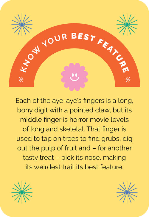 Educational card about aye-aye's middle finger on a yellow background with text and graphics.