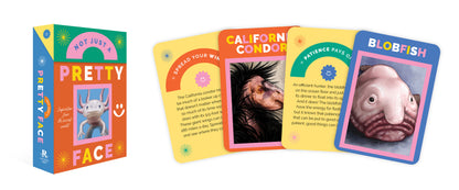 Set of colorful trading cards with various designs and text on a white background