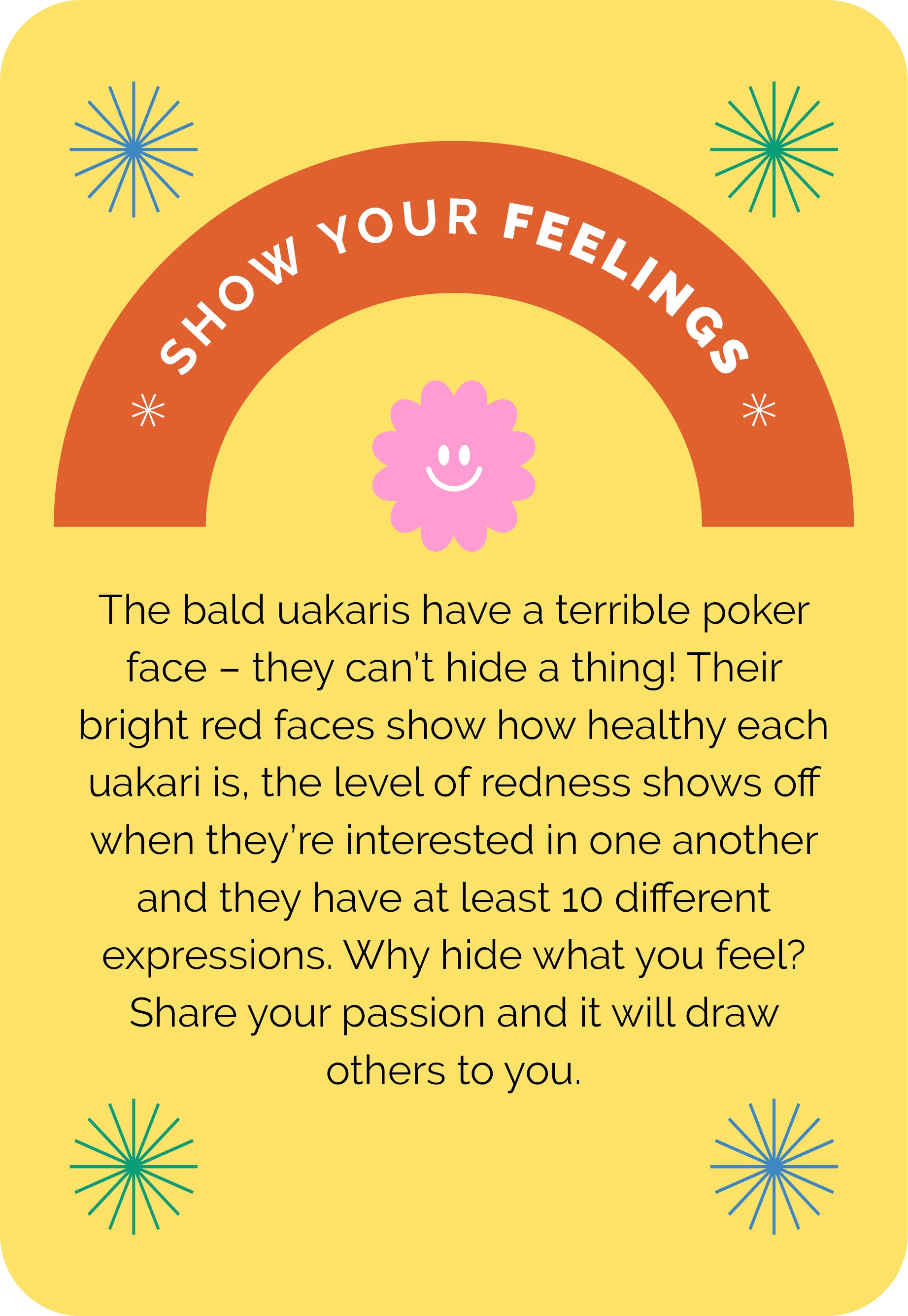 Card with a rainbow design and text about showing feelings, on a yellow background.