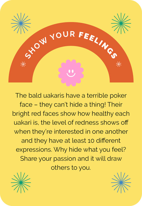 Card with a rainbow design and text about showing feelings, on a yellow background.