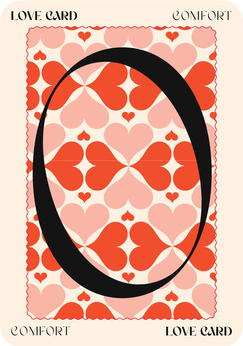 Card with heart pattern and 'Love Card Comfort' text