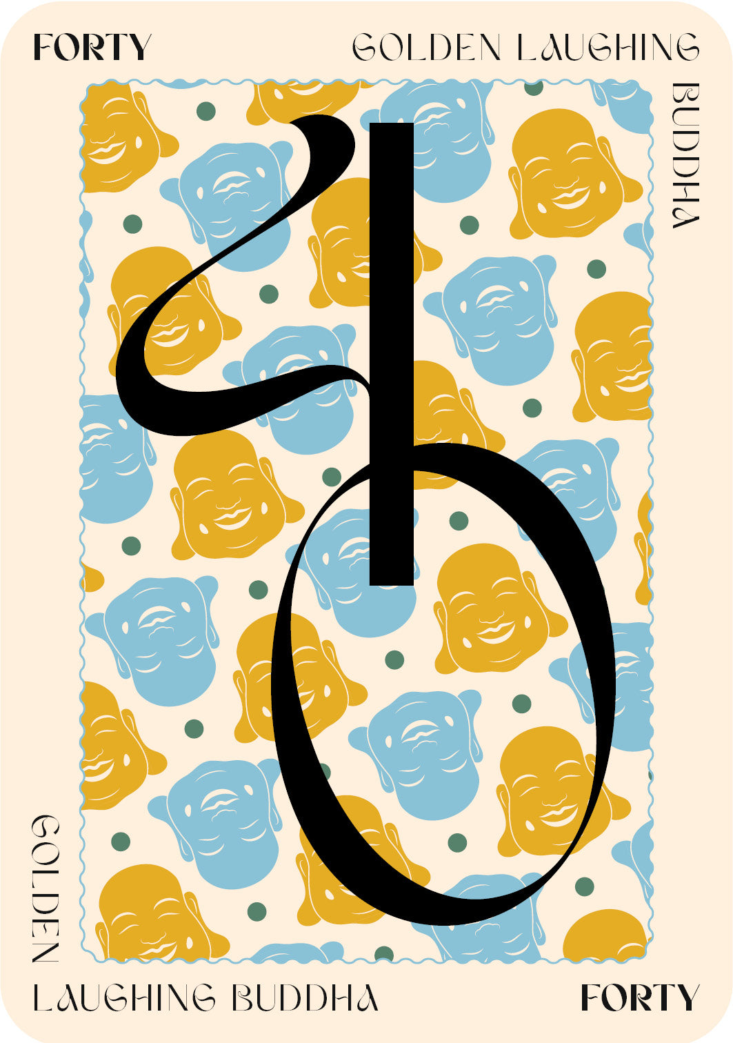 Book cover with a pattern of laughing Buddha faces and the number 40.