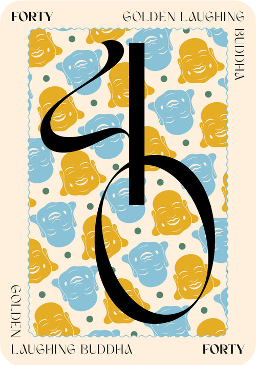 Book cover with a pattern of laughing Buddha faces and the number 40.