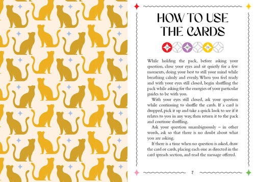 Instructions on how to use cards with a pattern of yellow cat illustrations on a beige background.