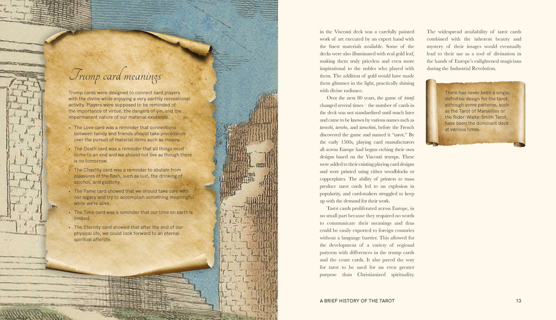 page with textured illustration with text on a brief history of the tarot and trump card meanings from the Occult Guide to the Tarot. 