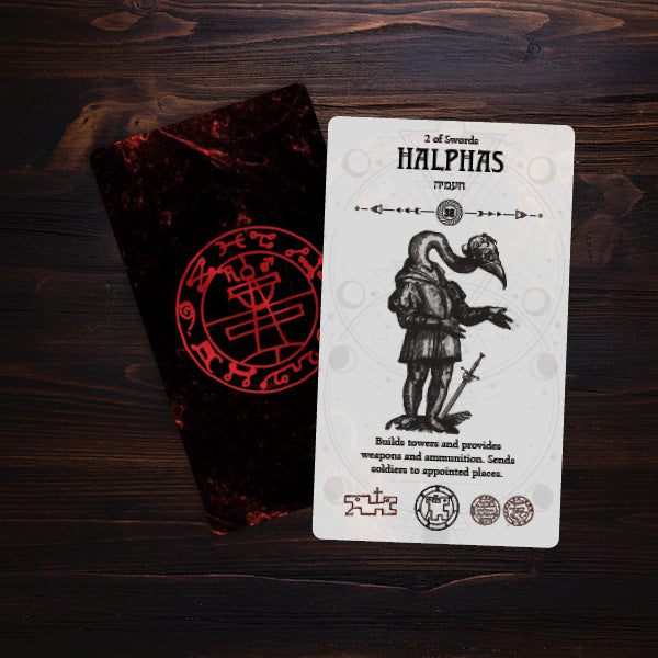 Card featuring a character with a sword on a wooden surface next to a black pouch with red symbols.