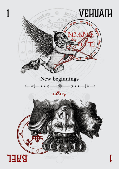 Illustration of a winged figure with an arrow and a helmet on a white background, featuring the text 'Vehuah' and 'New beginnings'.