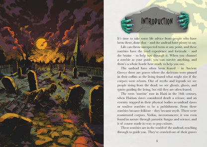 Glossary entry with a zombie hand holding a sign labeled 'Introduction' over a dark, eerie graveyard scene.