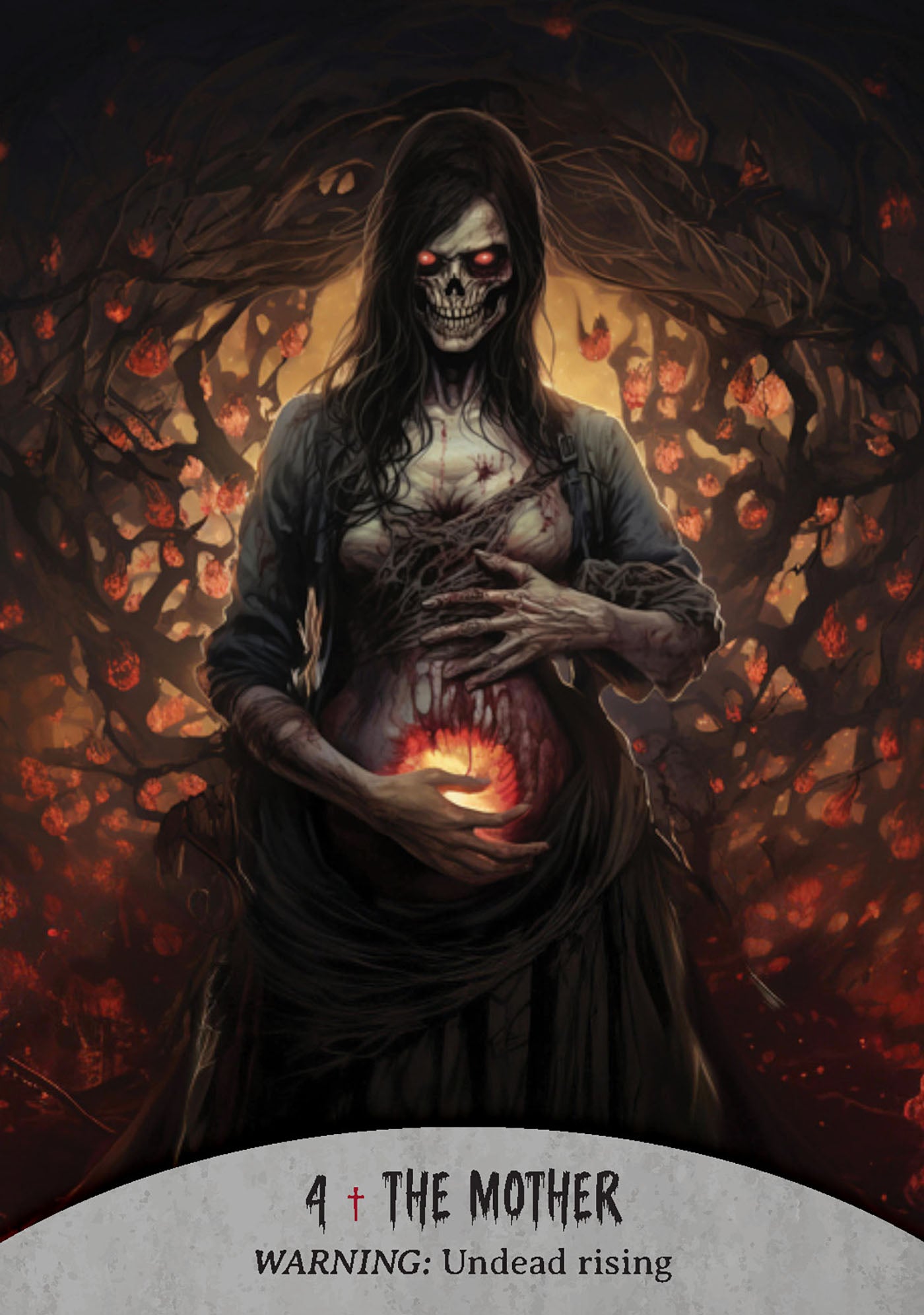 Grim reaper-like figure with glowing eyes holding a pumpkin, surrounded by dark foliage.