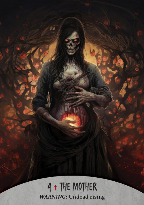Grim reaper-like figure with glowing eyes holding a pumpkin, surrounded by dark foliage.