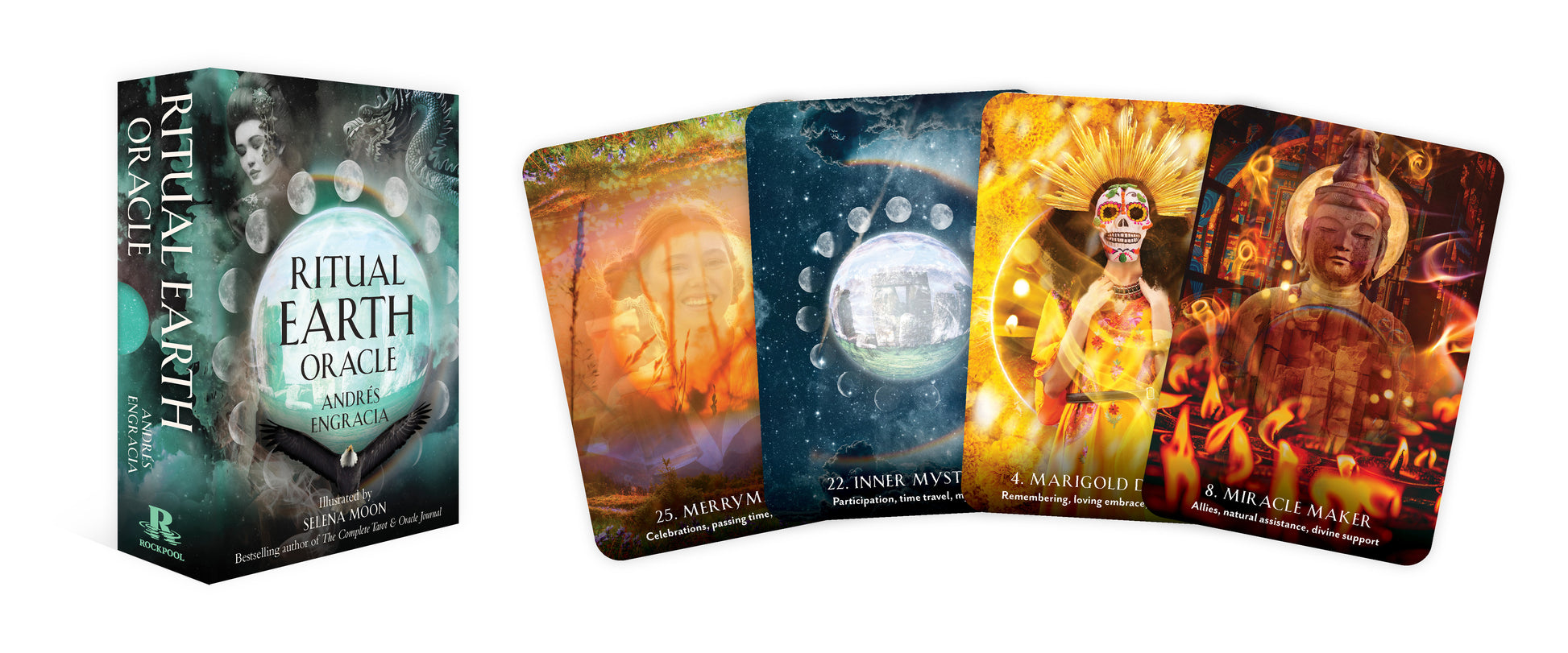 Oralce cards titled 'Ritual Earth Oracle' with colorful designs on a white background