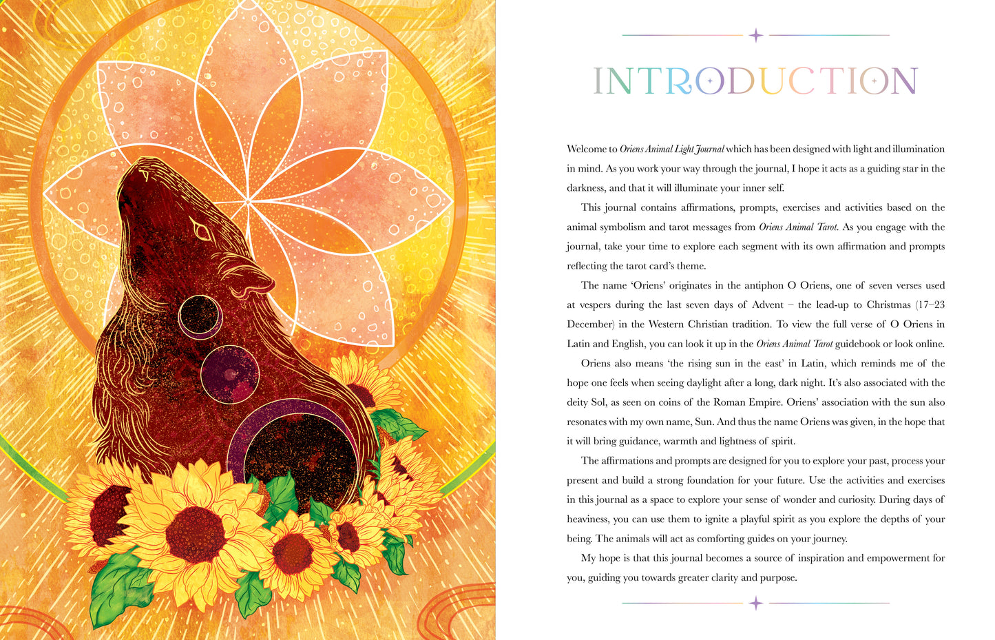 Book open to an introduction page with a colorful illustration of a wolf and sunflowers on a yellow background.