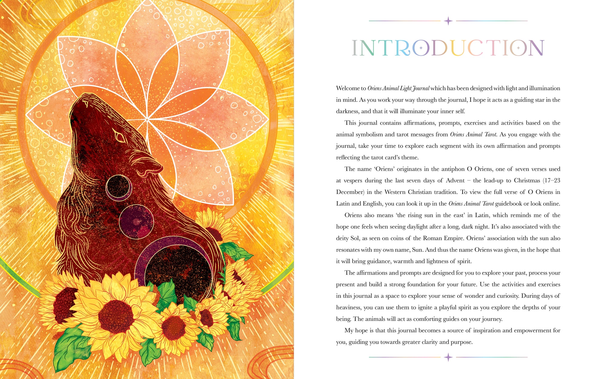 Book open to an introduction page with a colorful illustration of a wolf and sunflowers on a yellow background.