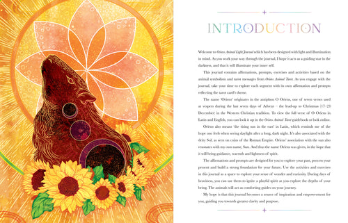 Book open to an introduction page with a colorful illustration of a wolf and sunflowers on a yellow background.
