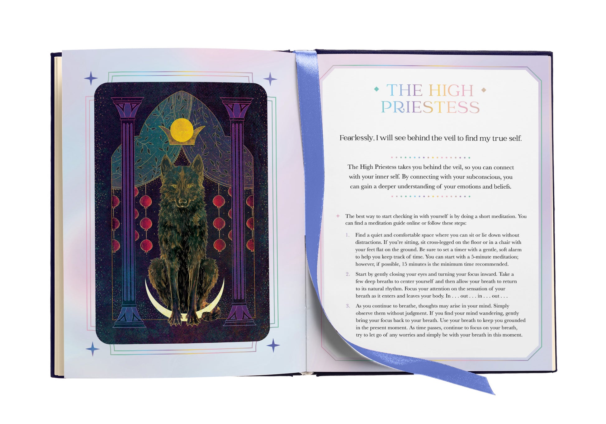 Open book showing a tarot card with a wolf and text on a white background