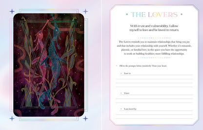 Tarot card titled 'The Lovers' with colorful design and text on a gradient background