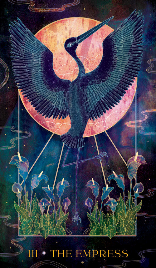 Card featuring a stylized bird with outstretched wings against a colorful background, labeled 'The Empress'.