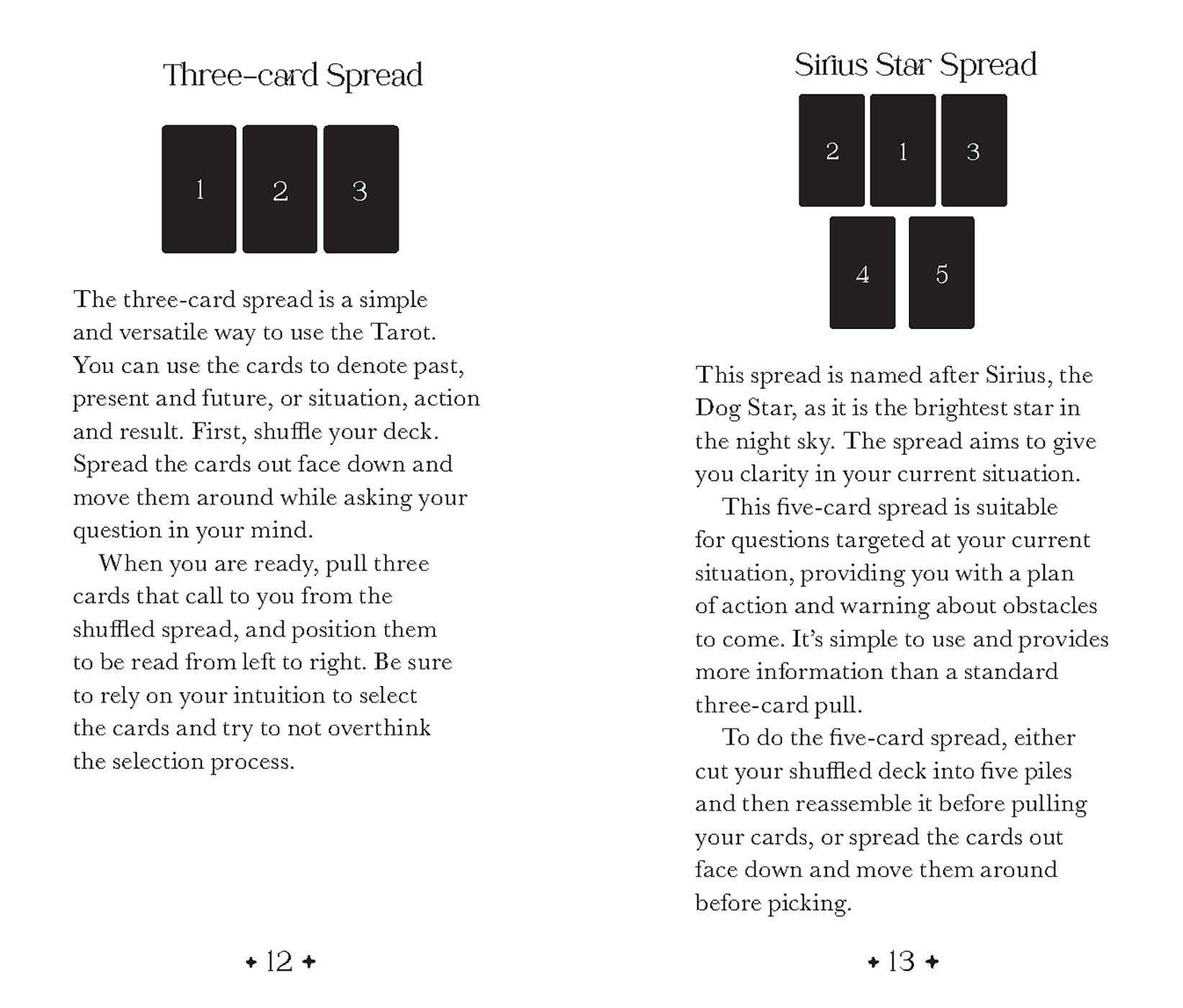 Instructions for a three-card and five-card Tarot spread on a white background