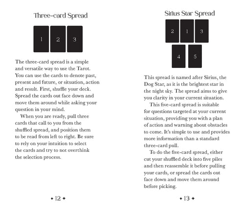 Instructions for a three-card and five-card Tarot spread on a white background