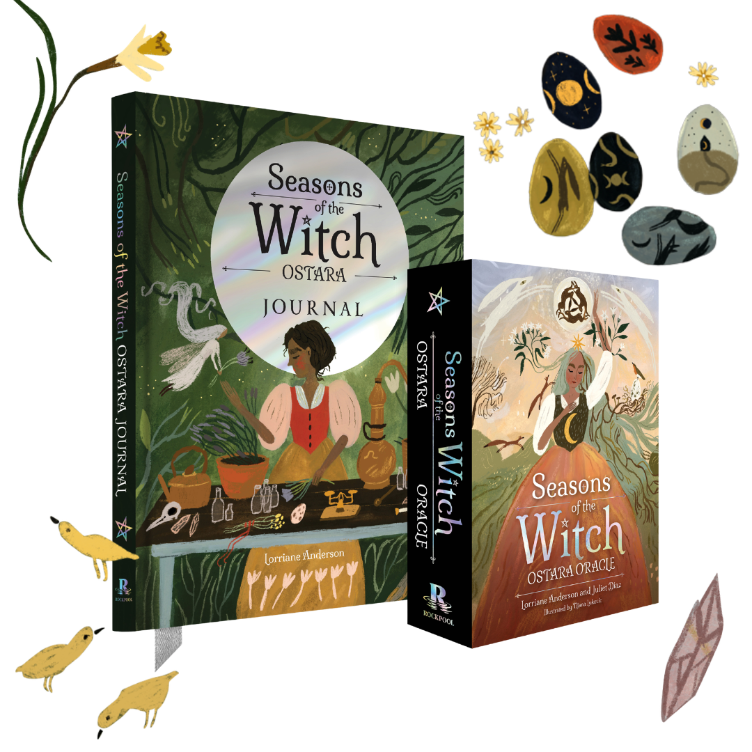 Two books titled 'Seasons of the Witch' with illustrations of a witch and nature elements on a white background.