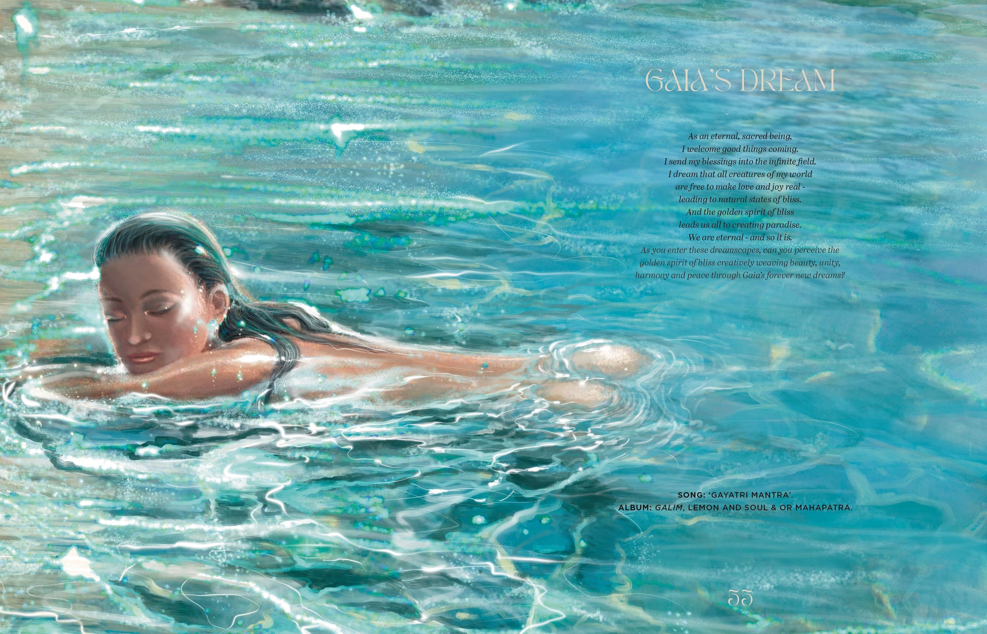 Woman swimming in clear blue water with text overlay from Creating Paradise by Akal Pritam