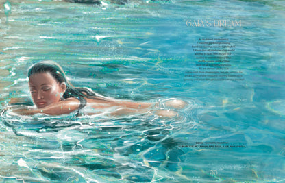 Woman swimming in clear blue water with text overlay from Creating Paradise by Akal Pritam