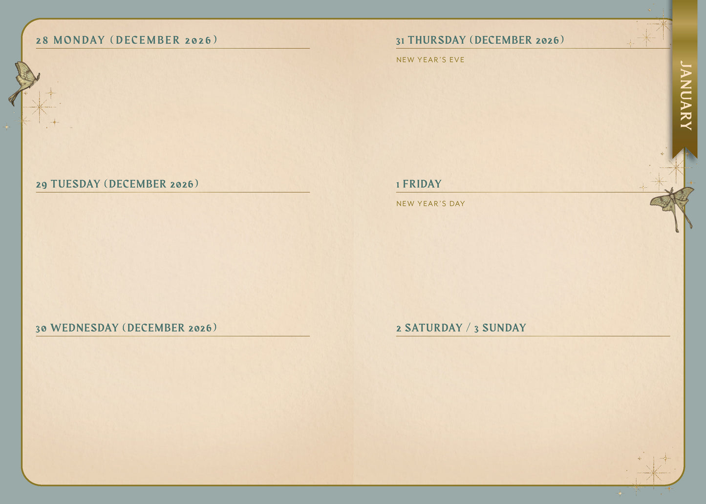 Calendar layout for December 2026 with a beige background and decorative elements.