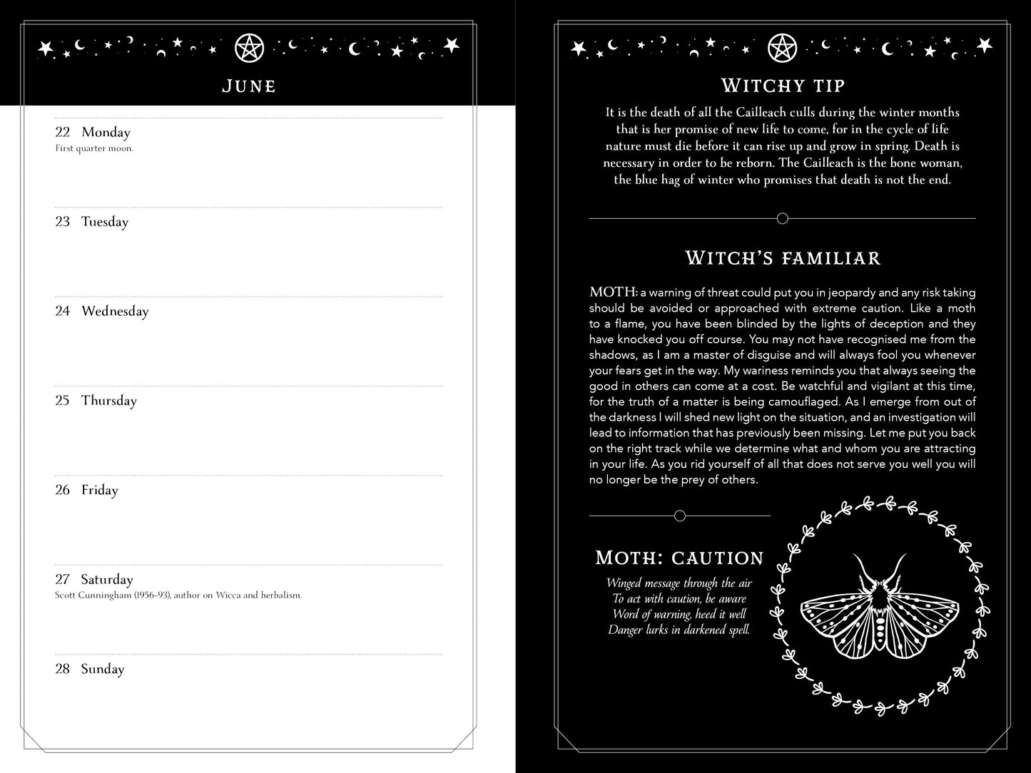 Calendar page for June with witchcraft-themed text and symbols on a black background.