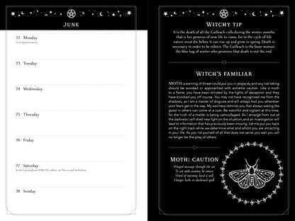 Calendar page for June with witchcraft-themed text and symbols on a black background.