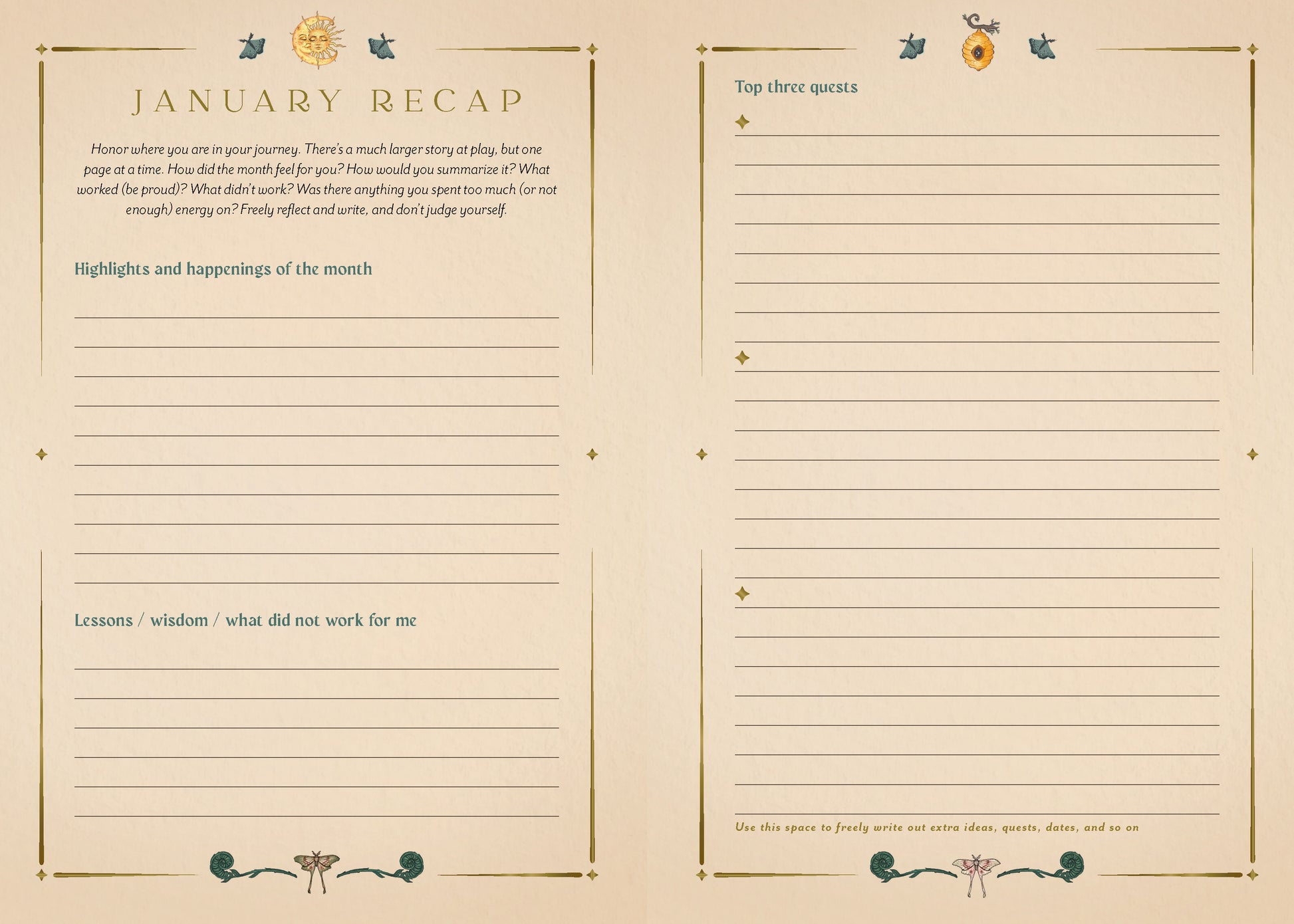 Two pages of a planner or journal with 'January Recap' at the top, featuring lined sections for text.