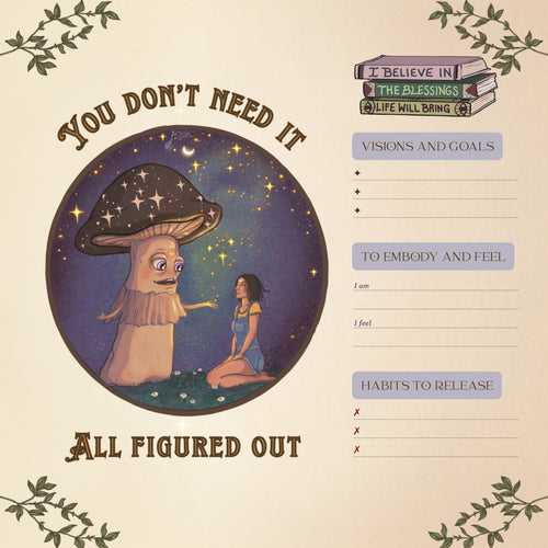 Illustration of a mushroom character and a person with text and checkboxes on a beige background