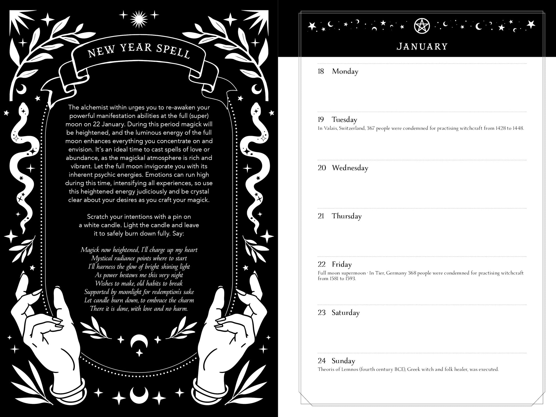 Magical spellbook with hands holding a page titled 'New Year Spell' on a black background.
