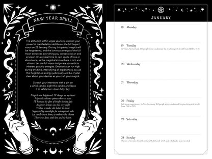 Magical spellbook with hands holding a page titled 'New Year Spell' on a black background.
