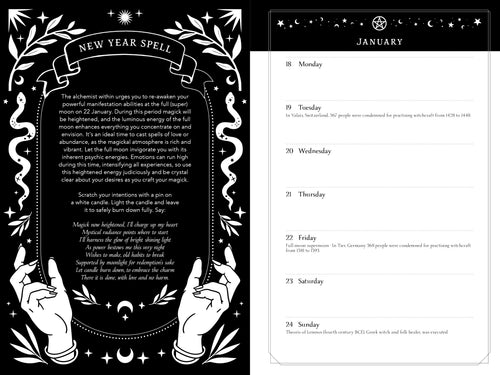 Magical spellbook with hands holding a page titled 'New Year Spell' on a black background.