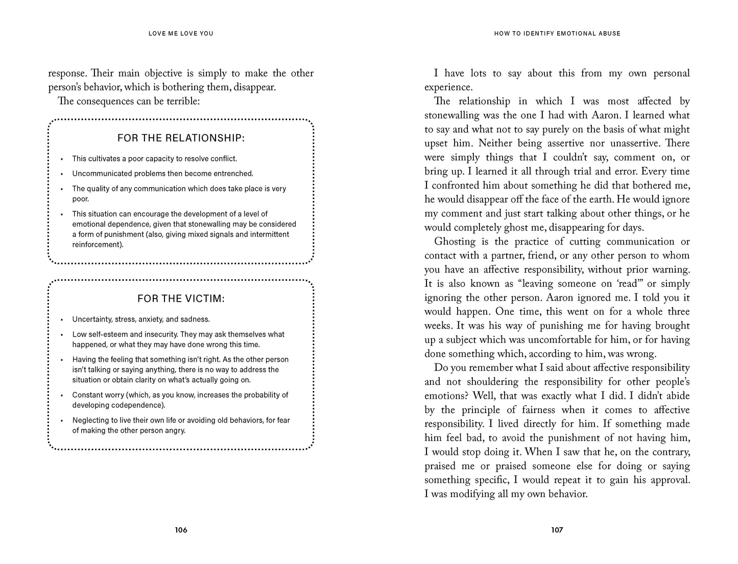 Book page with text on emotional abuse and its effects, featuring a question and answer format.