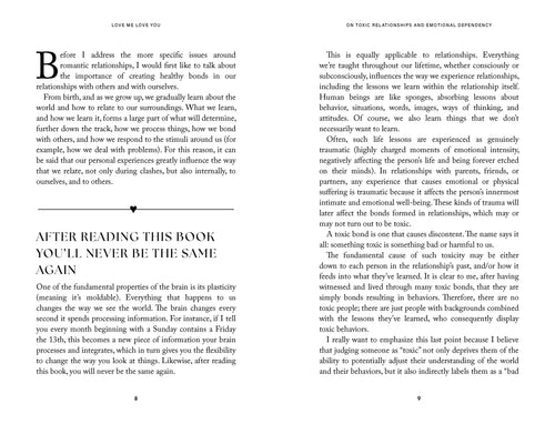 Book page with text on relationships and emotional dependency