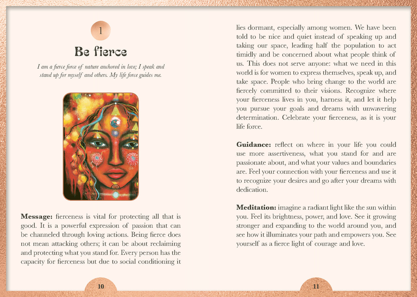 Page from Rising Venus Oracle with a colourful illustration of a face and text about being fierce.