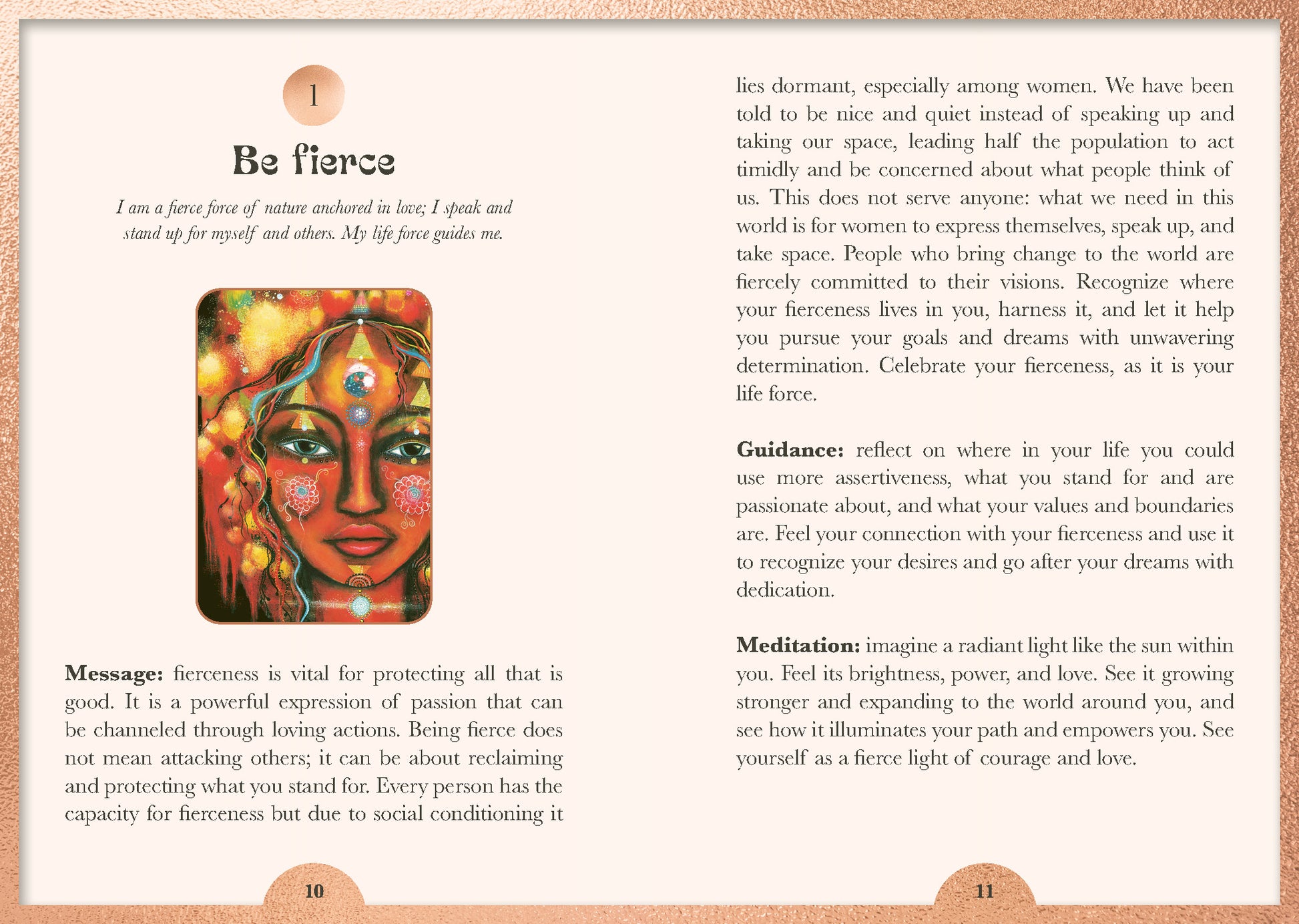 Page from Rising Venus Oracle with a colourful illustration of a face and text about being fierce.
