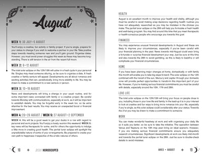 Page from a 2026 Horoscopes with astrological predictions for August, featuring text and decorative elements.