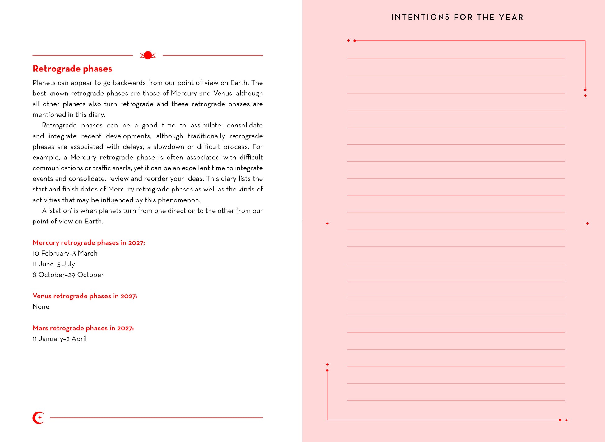Page from a planner or journal with text about retrograde phases of planets on a pink background.
