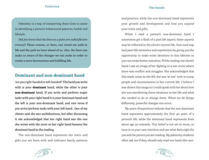 Page from a book or document about palmistry, explaining dominant and non-dominant hands.